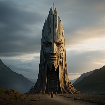 Giant figure of alien as old building. Generative AI