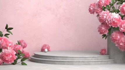3D rendering of a podium for product display with pink peonies