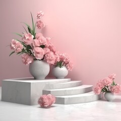3d rendering of white marble podium with pink carnation flowers.