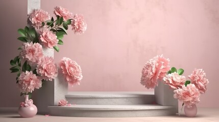 3d rendering of pink flowers in vasele pedestal