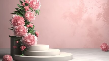 3d render of white podium with peony flowers on pink background