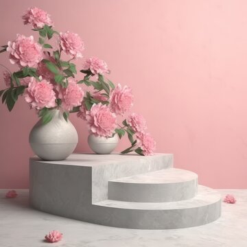 3d render of white podium with pink peony flowers in vase