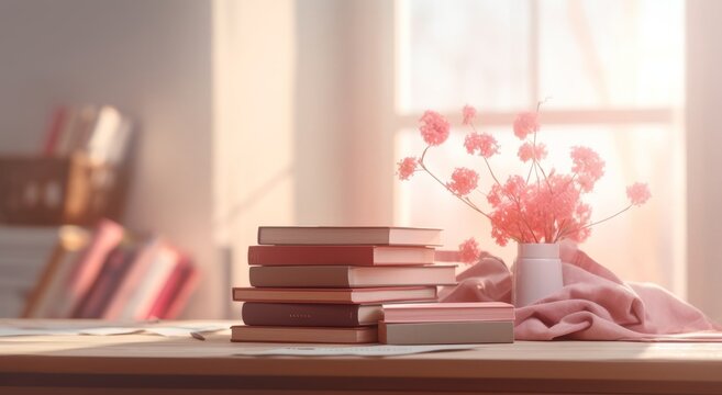 Books and vase with flowers on table in room, closeup