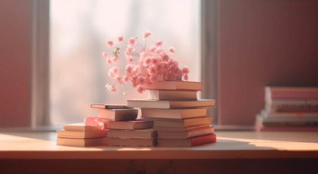Stack of books and a vase of flowers on the windowsill