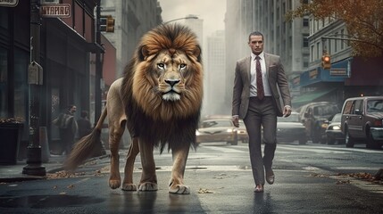 A powerful business man with a lioness. Generative AI
