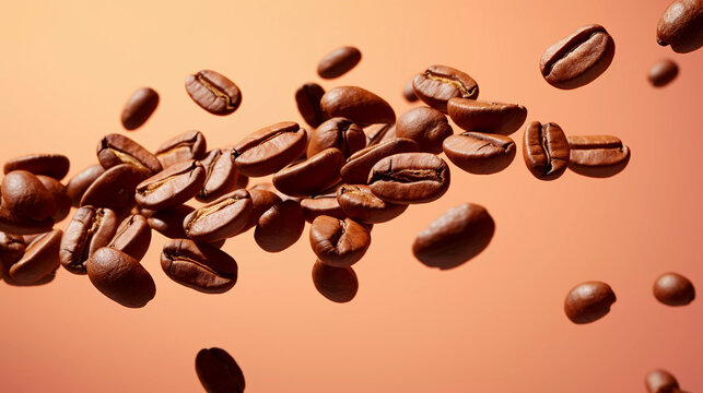 Coffee beans in the air, beautiful background, studio lighting.