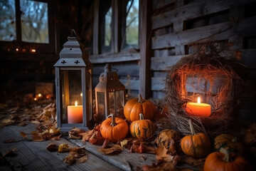 Illuminated candle in rustic lantern and pumpkins inside wooden house, decoration for celebrating Halloween and harvest festival in autumn. 
