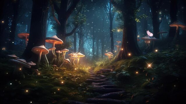 Glow mushroom, butterfly & firefly in mithycal fantasy forest