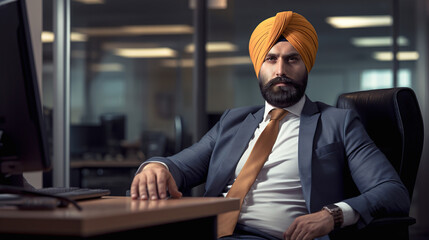 Male businessman in a turban sitting in the office - obrazy, fototapety, plakaty