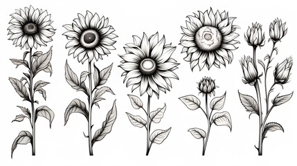 set of sketches of sunflowers
