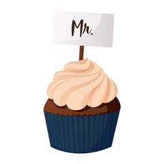 Wedding bride chocolate frosted cupcake decorated sign Mr in paper cup. Muffin with cream. Wedding day accessories, decorations. Celebrate marriage, save the date ceremony. Vector