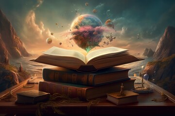 Old books and planets on a dark background. Back to school.