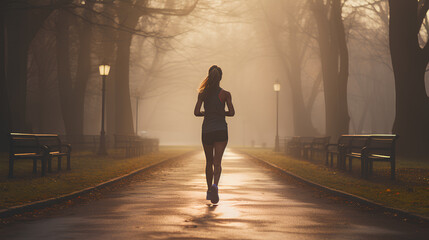 woman running in the autumn park at sunset.