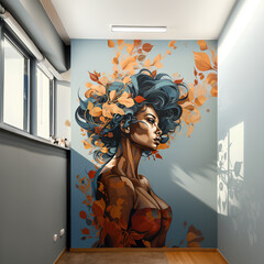 woman with blue hair with autumn leaves in mural style