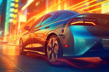Electric car on the road in the city. 3d rendering.