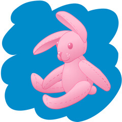 Vector illustration of a sitting pink plush rabbit on a blue background.