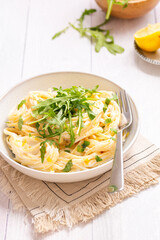 Lemon Ricotta and Rocket Spaghetti Pasta: A Vibrant Italian Delight with Citrusy Flavors and Creamy Lemon Sauce, Topped with Fresh Rocket Leaves - A Must-Try Pasta Recipe