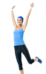 Full body of cheerful young jumping woman, isolated over white background