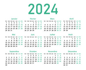 Сalendar for 2024 in french