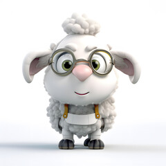 White fluffy sheep with glasses  character on white background 