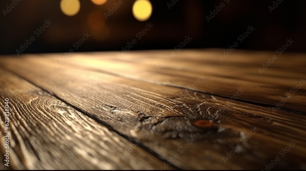 Wall mural wooden table in front of a blurred background with bokeh