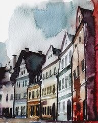 Digital watercolor painting of an old town in the Czech Republic - 629218013