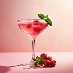 Photo of a delicious raspberry martini with a refreshing mint garnish in a sophisticated coupe glass created with Generative AI technology