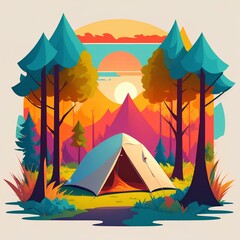 Camping concept art. Flat style illustration of beautiful landscape, 