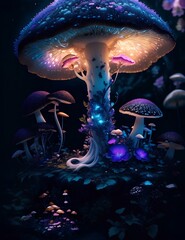 Mushroom. Fantasy Glowing Mushrooms in mystery dark forest close-up Beautiful 