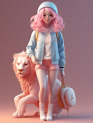 3d character of a girl and a lion 