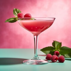 Photo of a refreshing raspberry martini garnished with fresh raspberries in a elegant coupe glass created with Generative AI technology - obrazy, fototapety, plakaty