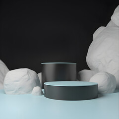 3d rendering mockup of white cylinder podium in square with minimal light blue background