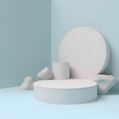 3d rendering mockup of white cylinder podium in square with minimal light blue background