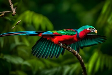 "Capture the vibrant, intricate plumage of a green-winged macaw perched majestically amidst lush, tropical foliage."