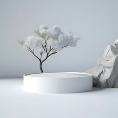 White color podium mockup with tree. Realistic 3d vector podium for cosmetics presentation with window shadow on the wall. Elegant visual background for advertising women makeup, cosmetics or beauty p