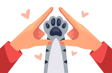Animal cat dog paw in human hand adoption adopt concept. Vector graphic design illustration
