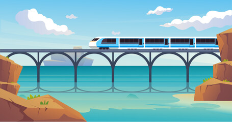 Train move on railway railroad bridge travel concept. Vector graphic design illustration