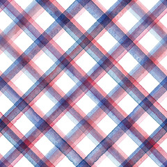 Watercolor gingham stripe plaid seamless pattern. Color blue and red stripes background. - 629220472