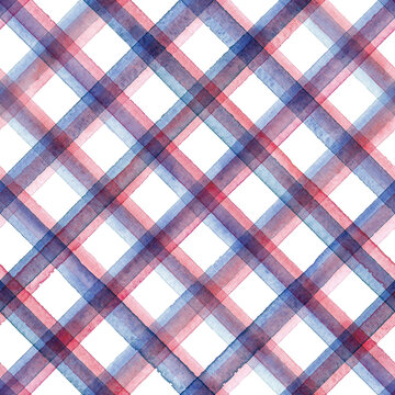 Fototapeta Watercolor gingham stripe plaid seamless pattern. Color blue and red stripes background.