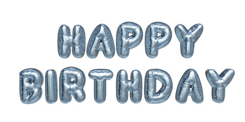 Phrase "Happy Birthday" in the shape of a glittering blue metallic balloon. Stylish decoration for party social media. Realistic 3D graphic resource.