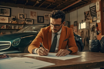 A man sitting at a table writing the vehicle sales contract on a piece of paper
