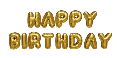 Phrase "Happy Birthday" in the shape of a glittering golden/yellow metallic balloon. Stylish decoration for party social media. Realistic 3D graphic resource.