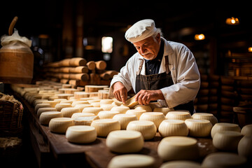 The cheese maker controls the seasonings, many wheels of parmesan cheese are ripened in an ancient tradition for many months on the shelves of a warehouse in a dairy factory.