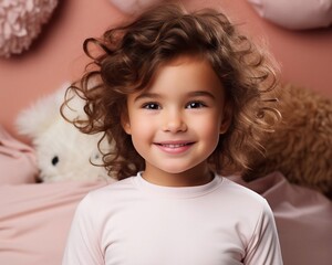 Portrait of smilling girl on pink bedroom background. AI generated