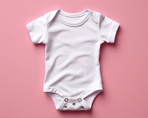 White baby bodysuit mockup on pink background. Design bodysuit template, print presentation mock up. Top view. AI generated