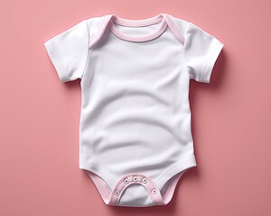 White baby bodysuit mockup on pink background. Design bodysuit template, print presentation mock up. Top view. AI generated