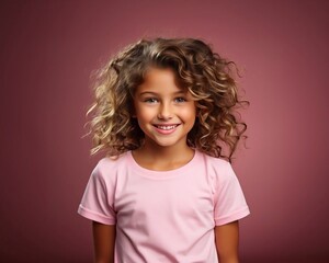 Girl wearing pink t-shirt mockup, at  room background. Design tshirt template. Print presentation mock-up. AI generation
