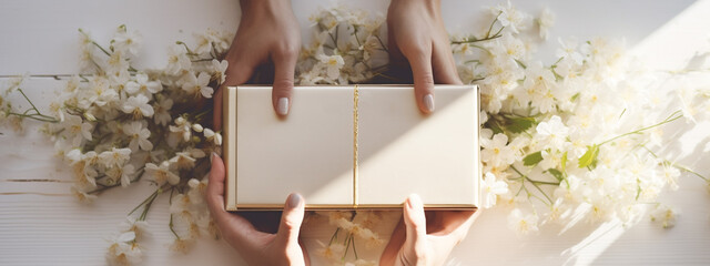 A white gift box is handed from hand to hand surrounded by flowers. Flatley on a white background with sunlight