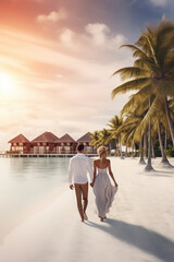 A man and woman couple in love hold hands and walk along the beach shore of an exotic blue water resort. View from back, vertical format. Creative concept of tropical beach vacation for newlyweds.