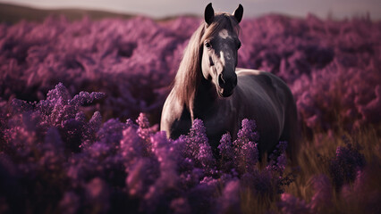 Horse in lavender field with purple flowers